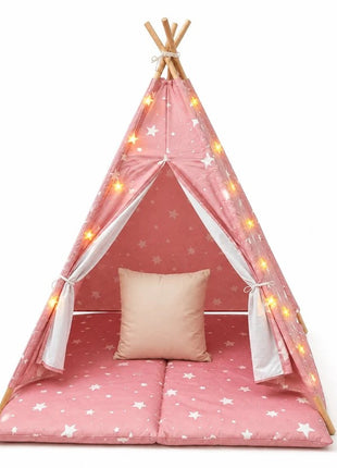 Dečiji pamučni šator KINDER HOME Little Stars,  roze sa zvezdama, 100% pamuk, sa mekom podlogom za punjenje, jastukom i LED svetlima