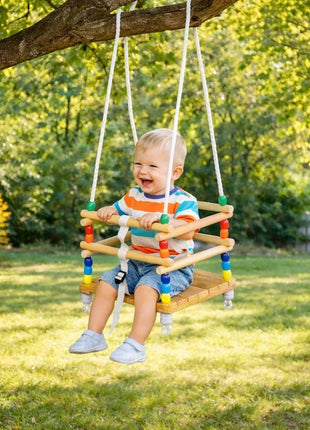 Dečija drvena ljuljaška KINDER HOME sa kaišem i bočnim stranama – do 70 kg, 30×30 cm