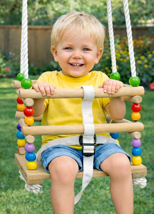 Dečija drvena ljuljaška KINDER HOME sa kaišem i bočnim stranama – do 70 kg, 30×30 cm