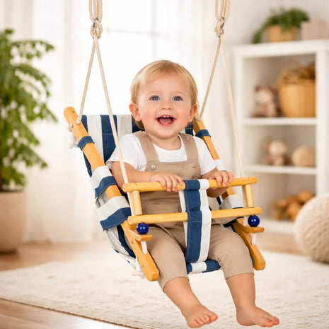 Dečija drvena ljuljaška, ležaljka KINDER HOME – pamučno sedište, zaštitna daska, za unutrašnju i spoljašnju upotrebu