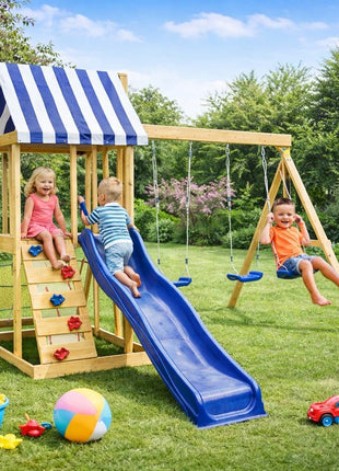 Dečiji drveni set za igru na otvorenom KINDER HOME 4 u 1 – tobogan 1,8 m, 2 ljuljaške, penjalica i mreža od konopaca, 308×318×244 cm