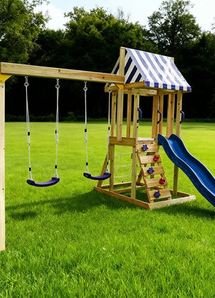 Dečiji drveni set za igru na otvorenom KINDER HOME 4 u 1 – tobogan 1,8 m, 2 ljuljaške, penjalica i mreža od konopaca, 308×318×244 cm