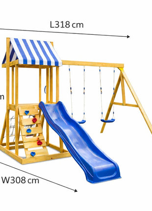 Dečiji drveni set za igru na otvorenom KINDER HOME 4 u 1 – tobogan 1,8 m, 2 ljuljaške, penjalica i mreža od konopaca, 308×318×244 cm