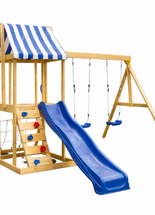 Dečiji drveni set za igru na otvorenom KINDER HOME 4 u 1 – tobogan 1,8 m, 2 ljuljaške, penjalica i mreža od konopaca, 308×318×244 cm
