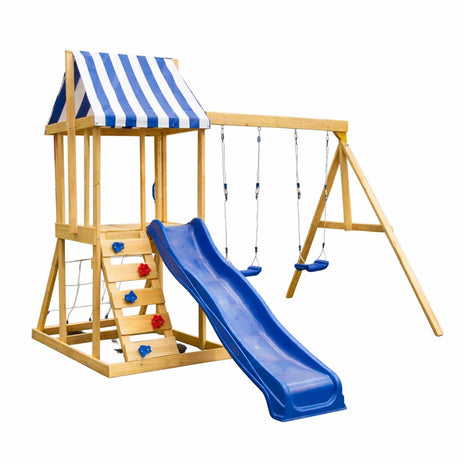 Dečiji drveni set za igru na otvorenom KINDER HOME 4 u 1 – tobogan 1,8 m, 2 ljuljaške, penjalica i mreža od konopaca, 308×318×244 cm