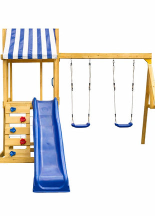 Dečiji drveni set za igru na otvorenom KINDER HOME 4 u 1 – tobogan 1,8 m, 2 ljuljaške, penjalica i mreža od konopaca, 308×318×244 cm