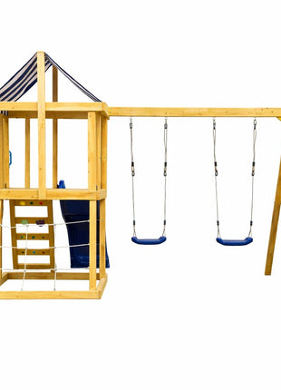 Dečiji drveni set za igru na otvorenom KINDER HOME 4 u 1 – tobogan 1,8 m, 2 ljuljaške, penjalica i mreža od konopaca, 308×318×244 cm