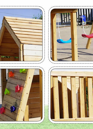 Velika dečija drvena kućica za igru KINDER HOME za dvorište sa toboganom, 2 ljuljaške, penjalicom i peskarnikom – 250×150×267 cm