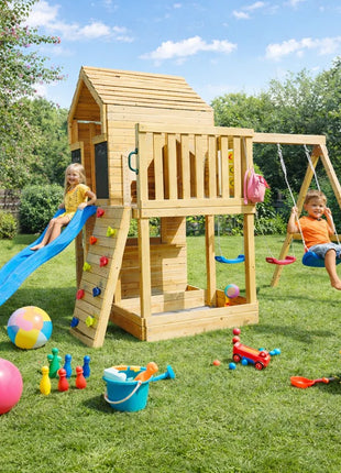 Velika dečija drvena kućica za igru KINDER HOME za dvorište sa toboganom, 2 ljuljaške, penjalicom i peskarnikom – 250×150×267 cm