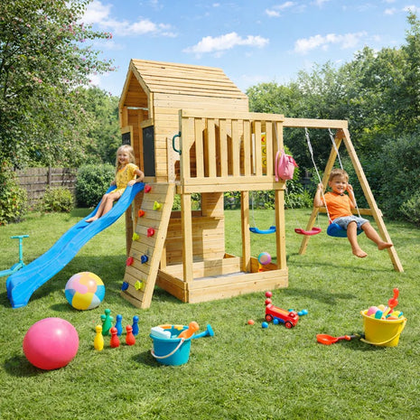Velika dečija drvena kućica za igru KINDER HOME za dvorište sa toboganom, 2 ljuljaške, penjalicom i peskarnikom – 250×150×267 cm