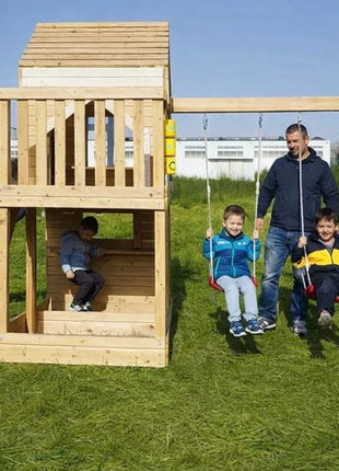 Velika dečija drvena kućica za igru KINDER HOME za dvorište sa toboganom, 2 ljuljaške, penjalicom i peskarnikom – 250×150×267 cm