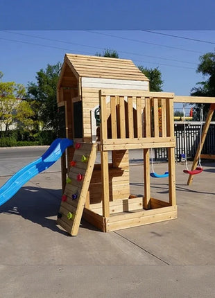 Velika dečija drvena kućica za igru KINDER HOME za dvorište sa toboganom, 2 ljuljaške, penjalicom i peskarnikom – 250×150×267 cm