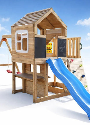 Velika dečija drvena kućica za igru KINDER HOME za dvorište sa toboganom, 2 ljuljaške, penjalicom i peskarnikom – 250×150×267 cm