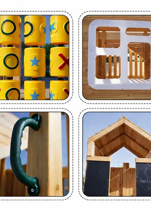 Velika dečija drvena kućica za igru KINDER HOME za dvorište sa toboganom, 2 ljuljaške, penjalicom i peskarnikom – 250×150×267 cm