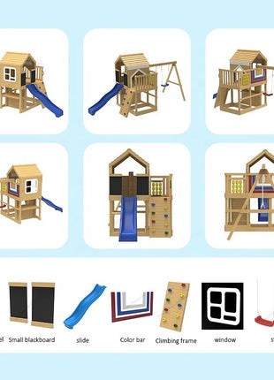 Velika dečija drvena kućica za igru KINDER HOME za dvorište sa toboganom, 2 ljuljaške, penjalicom i peskarnikom – 250×150×267 cm