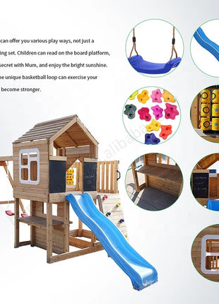 Velika dečija drvena kućica za igru KINDER HOME za dvorište sa toboganom, 2 ljuljaške, penjalicom i peskarnikom – 250×150×267 cm