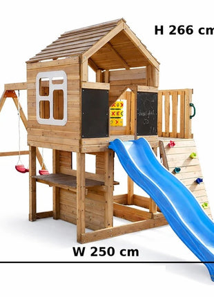 Velika dečija drvena kućica za igru KINDER HOME za dvorište sa toboganom, 2 ljuljaške, penjalicom i peskarnikom – 250×150×267 cm