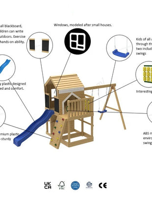 Velika dečija drvena kućica za igru KINDER HOME za dvorište sa toboganom, 2 ljuljaške, penjalicom i peskarnikom – 250×150×267 cm