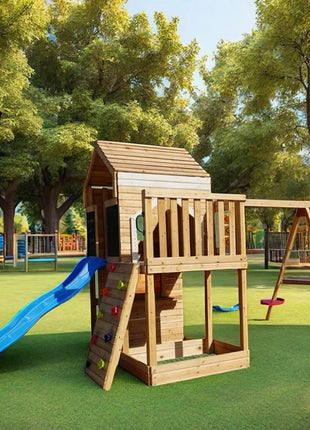 Velika dečija drvena kućica za igru KINDER HOME za dvorište sa toboganom, 2 ljuljaške, penjalicom i peskarnikom – 250×150×267 cm