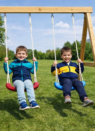 Velika dečija drvena kućica za igru KINDER HOME za dvorište sa toboganom, 2 ljuljaške, penjalicom i peskarnikom – 250×150×267 cm