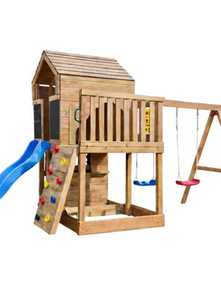 Velika dečija drvena kućica za igru KINDER HOME za dvorište sa toboganom, 2 ljuljaške, penjalicom i peskarnikom – 250×150×267 cm