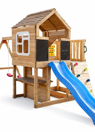 Velika dečija drvena kućica za igru KINDER HOME za dvorište sa toboganom, 2 ljuljaške, penjalicom i peskarnikom – 250×150×267 cm