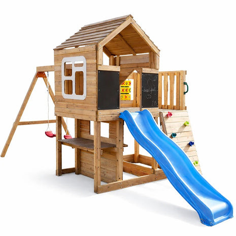 Velika dečija drvena kućica za igru KINDER HOME za dvorište sa toboganom, 2 ljuljaške, penjalicom i peskarnikom – 250×150×267 cm