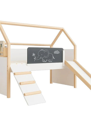 Kućica za dečiji krevet KINDER HOME, Montesori, dvospratna, tobogan, crna tabla, ram dušeka 90k200 cm