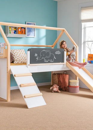 Kućica za dečiji krevet KINDER HOME, Montesori, dvospratna, tobogan, crna tabla, ram dušeka 90k200 cm