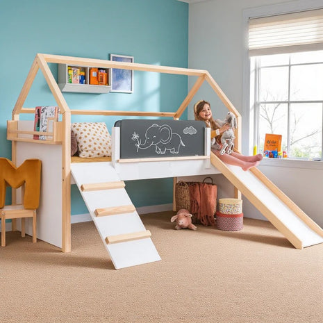 Kućica za dečiji krevet KINDER HOME, Montesori, dvospratna, tobogan, crna tabla, ram dušeka 90k200 cm