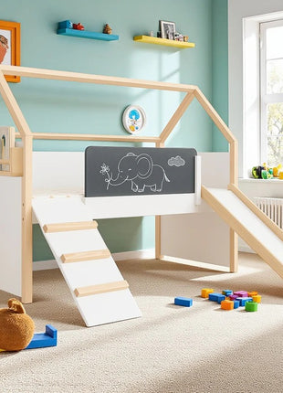 Kućica za dečiji krevet KINDER HOME, Montesori, dvospratna, tobogan, crna tabla, ram dušeka 90k200 cm