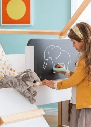 Kućica za dečiji krevet KINDER HOME, Montesori, dvospratna, tobogan, crna tabla, ram dušeka 90k200 cm