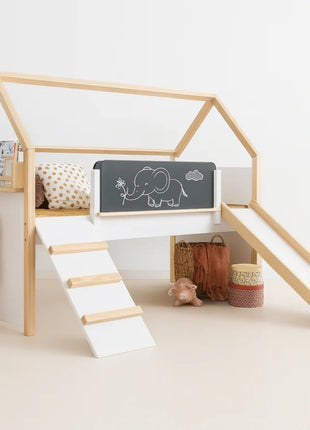 Kućica za dečiji krevet KINDER HOME, Montesori, dvospratna, tobogan, crna tabla, ram dušeka 90k200 cm