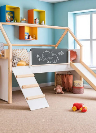 Kućica za dečiji krevet KINDER HOME, Montesori, dvospratna, tobogan, crna tabla, ram dušeka 90k200 cm