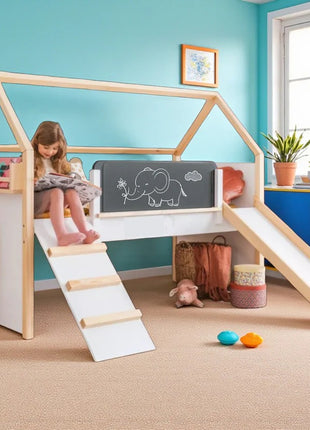 Kućica za dečiji krevet KINDER HOME, Montesori, dvospratna, tobogan, crna tabla, ram dušeka 90k200 cm