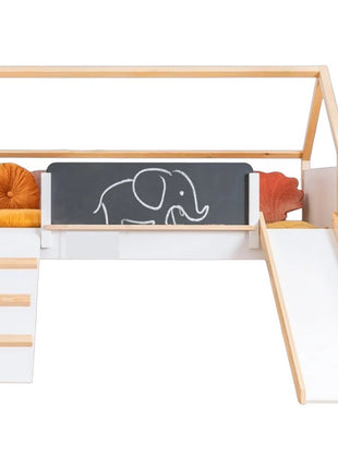 Kućica za dečiji krevet KINDER HOME, Montesori, dvospratna, tobogan, crna tabla, ram dušeka 90k200 cm