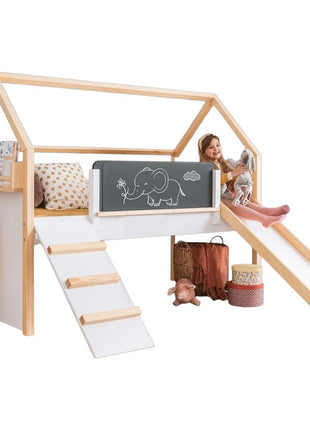 Kućica za dečiji krevet KINDER HOME, Montesori, dvospratna, tobogan, crna tabla, ram dušeka 90k200 cm