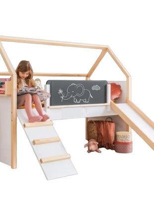 Kućica za dečiji krevet KINDER HOME, Montesori, dvospratna, tobogan, crna tabla, ram dušeka 90k200 cm