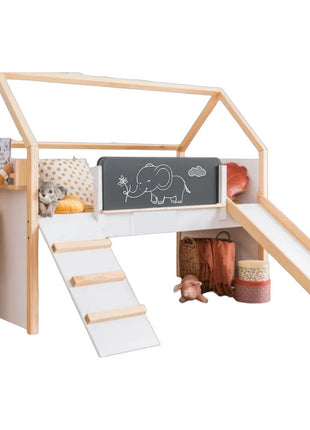 Kućica za dečiji krevet KINDER HOME, Montesori, dvospratna, tobogan, crna tabla, ram dušeka 90k200 cm