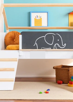 Kućica za dečiji krevet KINDER HOME, Montesori, dvospratna, tobogan, crna tabla, ram dušeka 90k200 cm