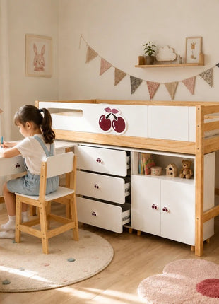 Dečiji kombinovani krevet KINDER HOME CHERRY sa radnim stolom, komodom, garderoberom i ramom za dušek