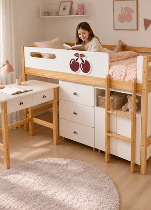 Dečiji kombinovani krevet KINDER HOME CHERRY sa radnim stolom, komodom, garderoberom i ramom za dušek