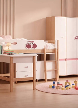Dečiji ormar sa tri krila KINDER HOME CHERRY, sa policama, polugom za vešalice i 6 vrata, bela, roze i boja prirodnog drveta
