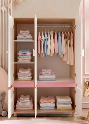 Dečiji ormar sa tri krila KINDER HOME CHERRY, sa policama, polugom za vešalice i 6 vrata, bela, roze i boja prirodnog drveta