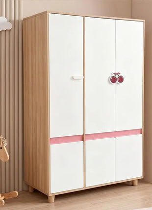 Dečiji ormar sa tri krila KINDER HOME CHERRY, sa policama, polugom za vešalice i 6 vrata, bela, roze i boja prirodnog drveta