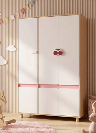 Dečiji ormar sa tri krila KINDER HOME CHERRY, sa policama, polugom za vešalice i 6 vrata, bela, roze i boja prirodnog drveta