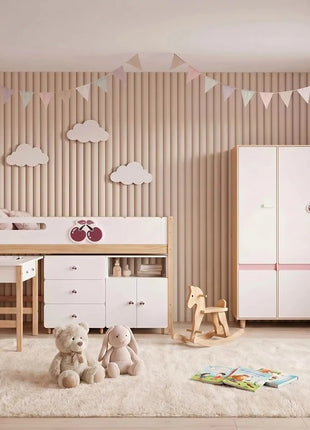 Dečiji ormar sa tri krila KINDER HOME CHERRY, sa policama, polugom za vešalice i 6 vrata, bela, roze i boja prirodnog drveta