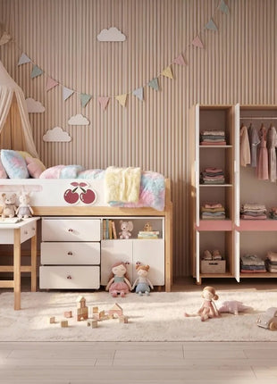 Dečiji ormar sa tri krila KINDER HOME CHERRY, sa policama, polugom za vešalice i 6 vrata, bela, roze i boja prirodnog drveta