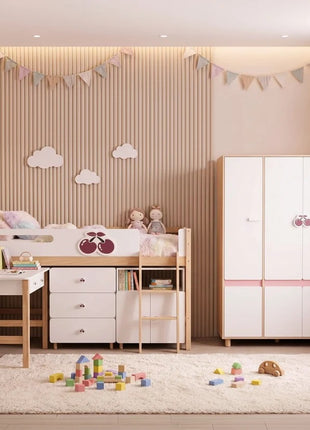 Dečiji ormar sa tri krila KINDER HOME CHERRY, sa policama, polugom za vešalice i 6 vrata, bela, roze i boja prirodnog drveta