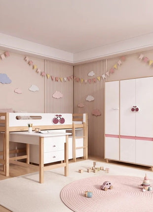 Dečiji ormar sa tri krila KINDER HOME CHERRY, sa policama, polugom za vešalice i 6 vrata, bela, roze i boja prirodnog drveta